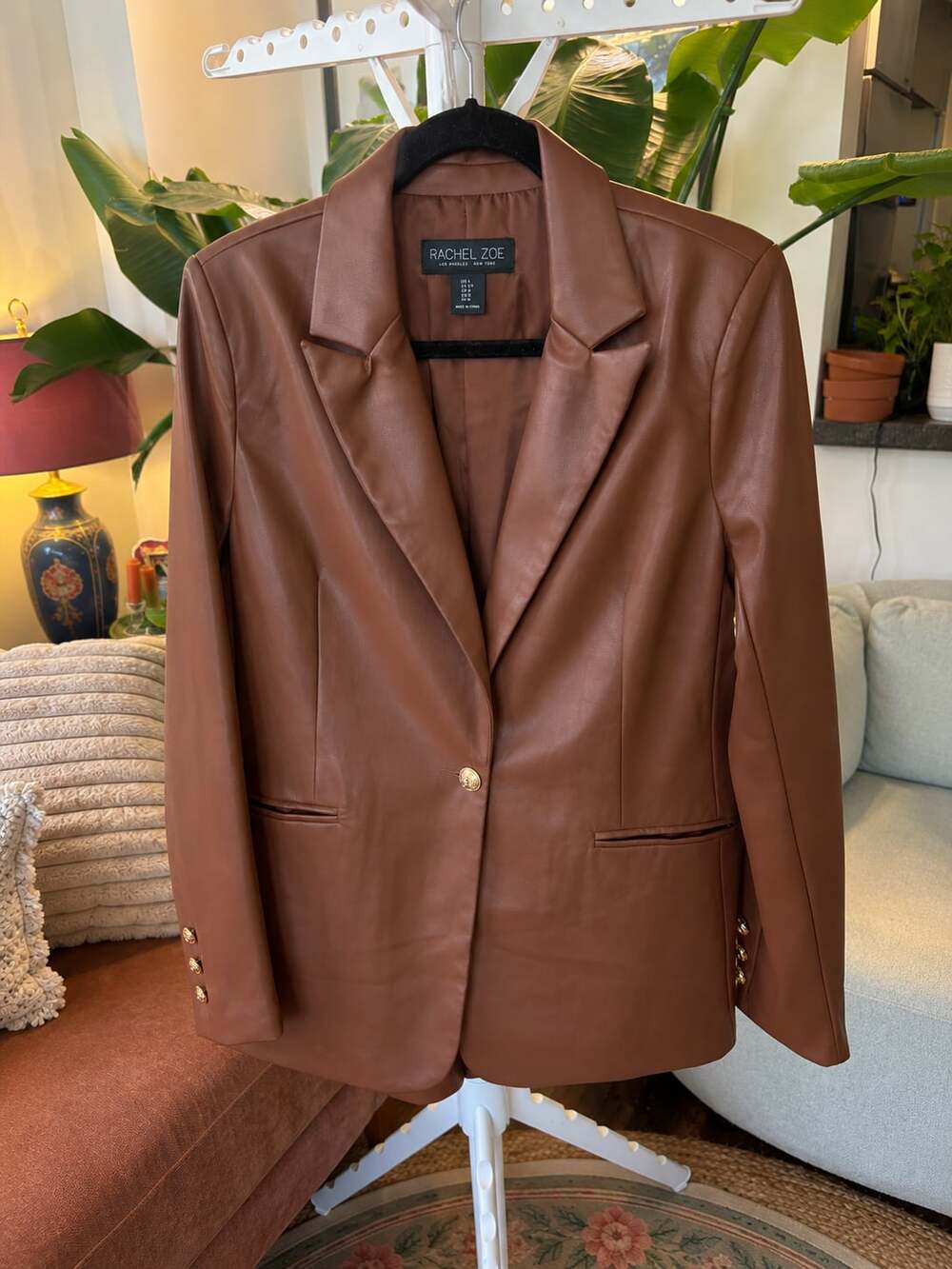Rachel Zoe Faux Leather Brown Blazer Jacket with Gold Buttons Size M